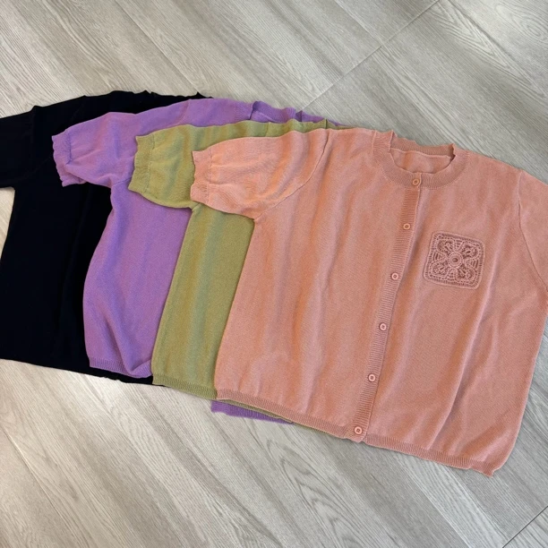 （浅笑）蕾丝复古新款针织开衫女单排扣纯色薄款显瘦外搭上衣