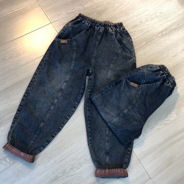 （浅笑）8202贴标新品水洗做旧宽松拼接设计老爹裤百搭哈伦牛仔裤