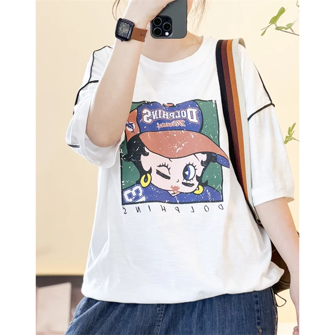 （浅笑）8621 大眼女孩短袖宽松卡通印花休闲百搭棉T恤女圆领ins