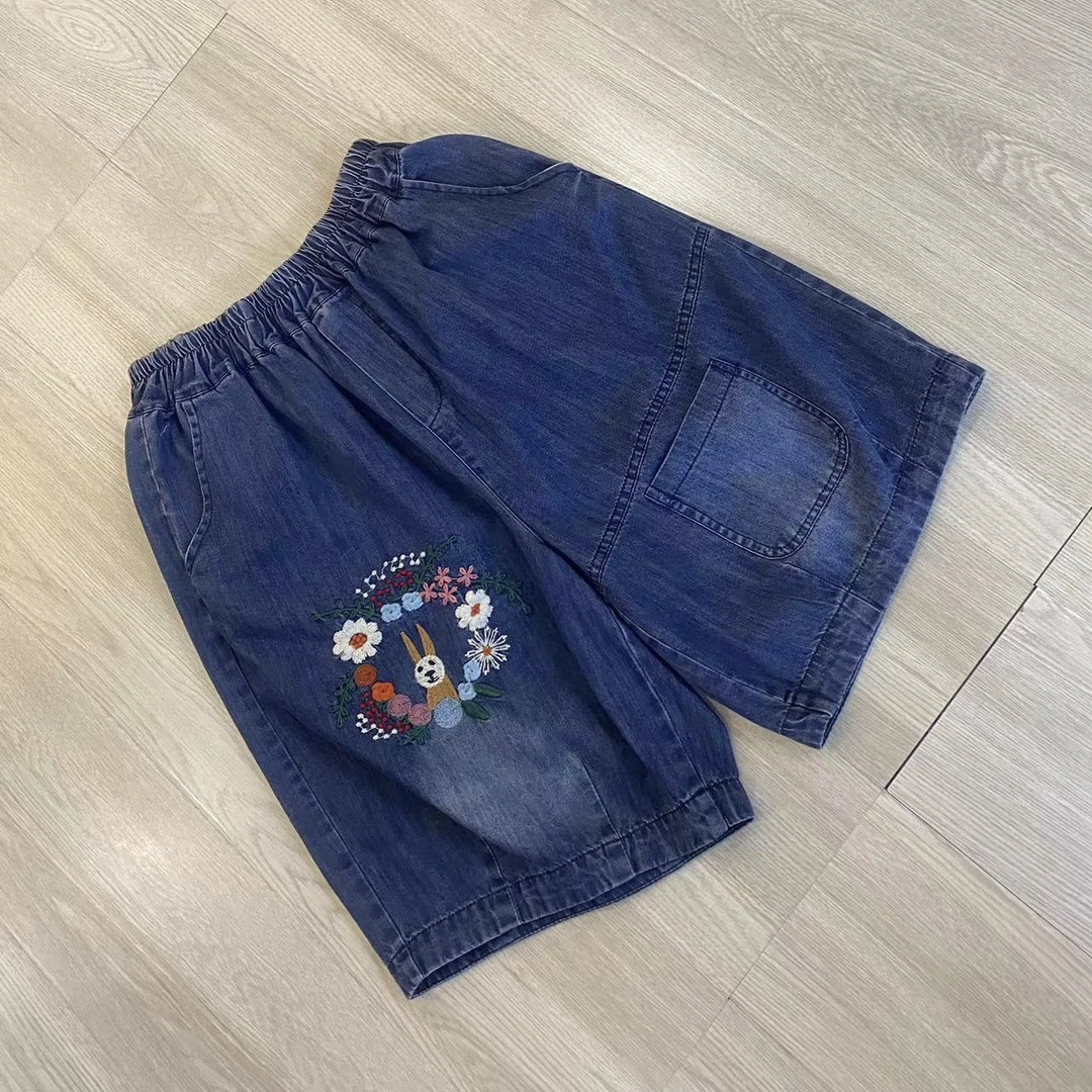 （浅笑）23071刺绣兔子牛仔短裤新款女士夏季休闲薄款阔腿直筒