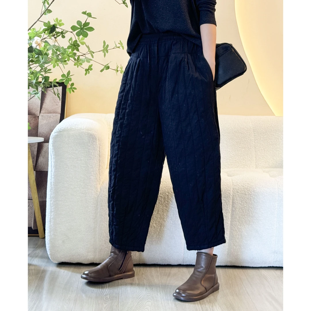 （浅笑）82171航线竖条冬新品日系文艺范时尚松紧腰净色女士棉裤