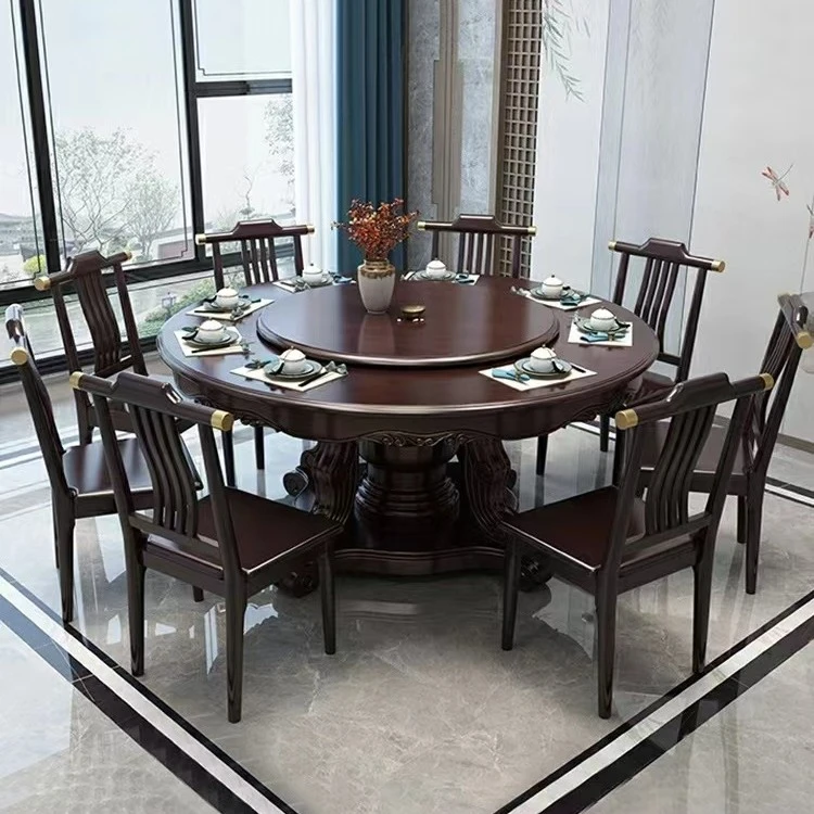 全实木餐桌椅组合圆形饭桌带转盘新中式酒店饭店大圆桌家用餐桌
