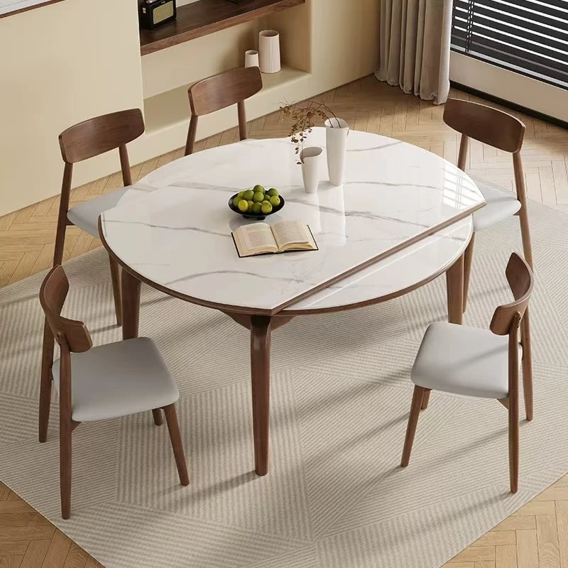 实木岩板餐桌椅组合可变圆桌方圆两用伸缩折叠简约小户型吃饭桌