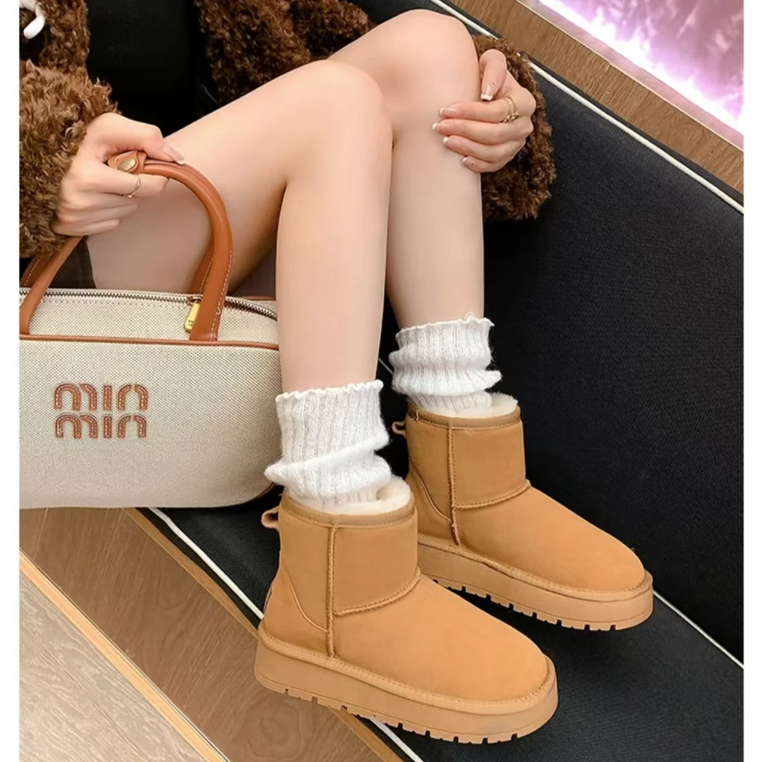 UDZ 女加高厚底磨砂牛皮羊毛超轻高端雪地靴5854