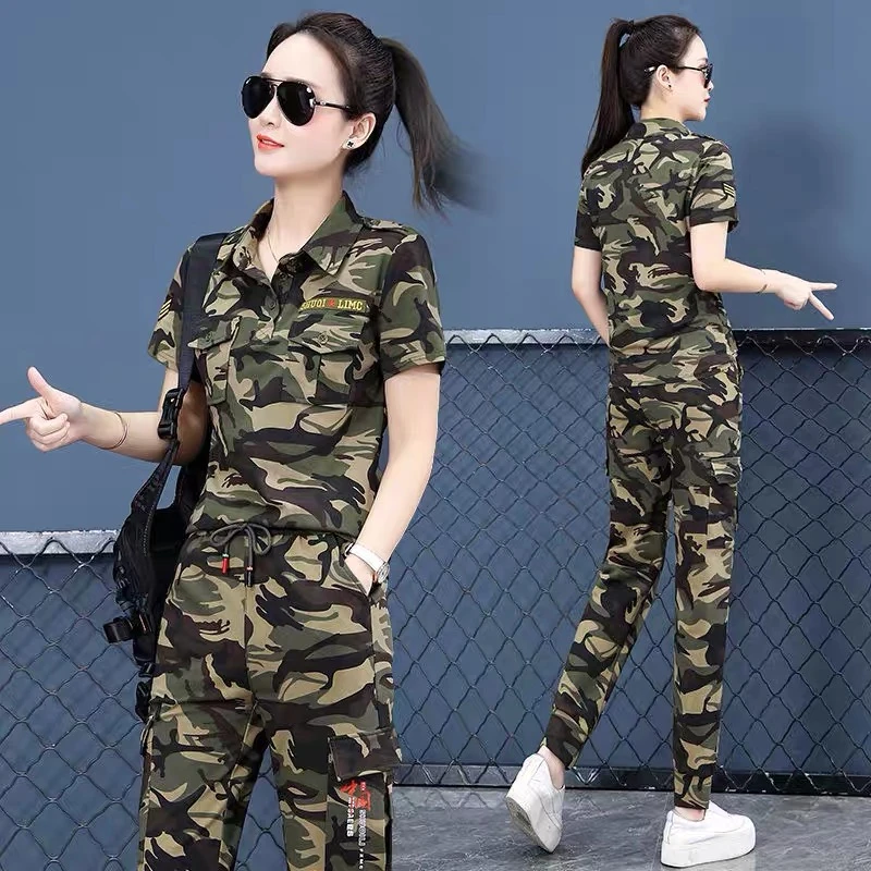 迷彩服运动套装女士夏季新款时尚翻领T恤短袖长裤休闲户外两件套