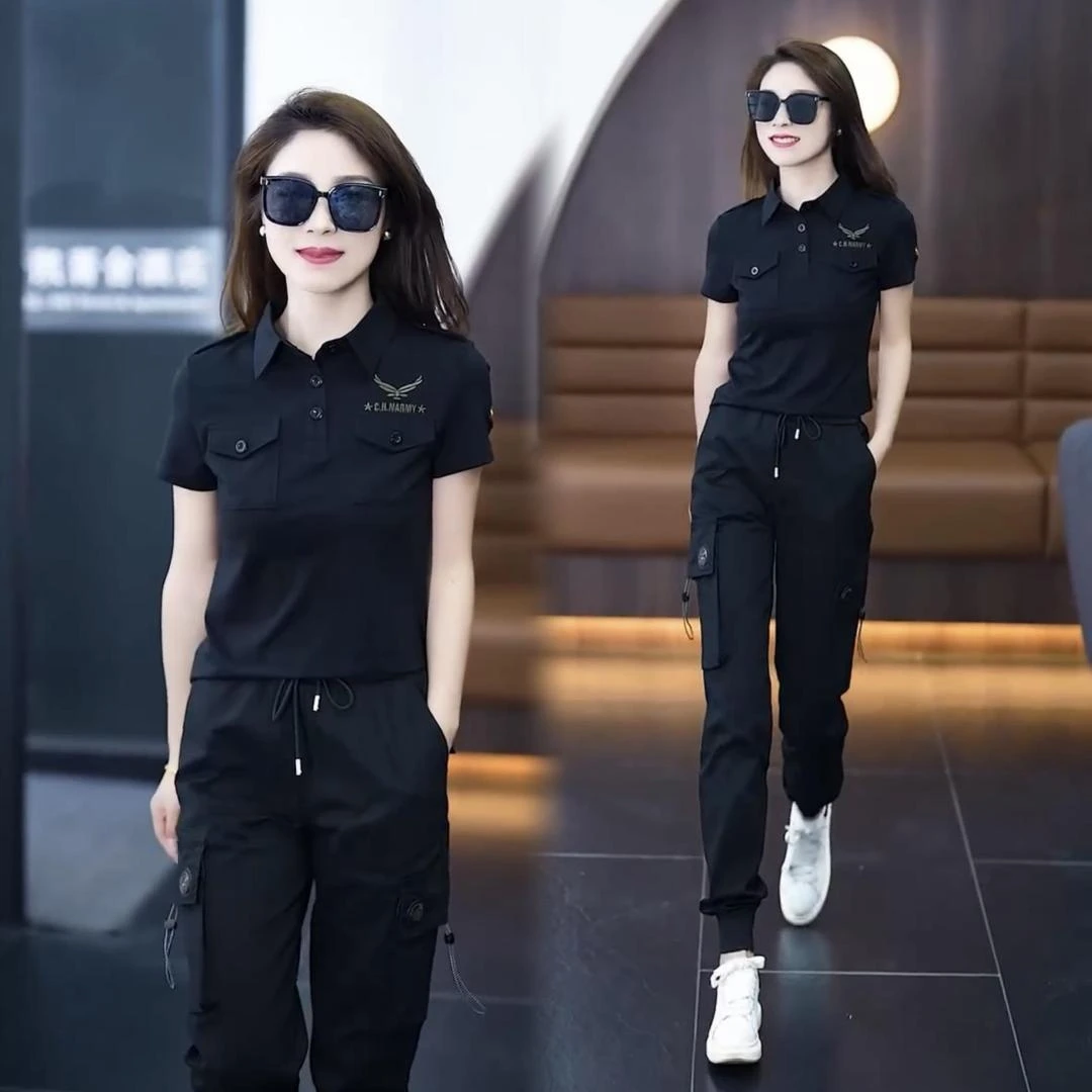 休闲工装套装女夏季时尚圆领短袖工装长裤女士显瘦百搭两件套