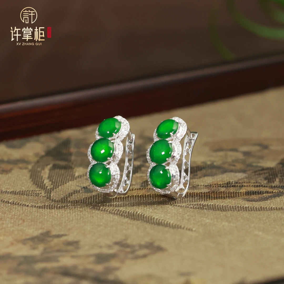 许掌柜｜18K金翡翠耳扣天然翡翠A货原创设计豆子耳饰百搭气质优雅