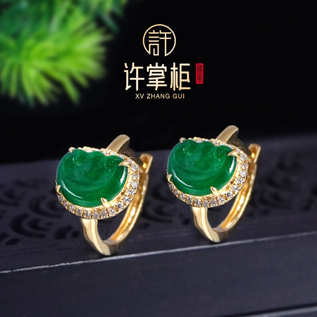 许掌柜｜18K金镶嵌如意耳扣耳饰天然缅甸翡翠A货原创设计精致百搭