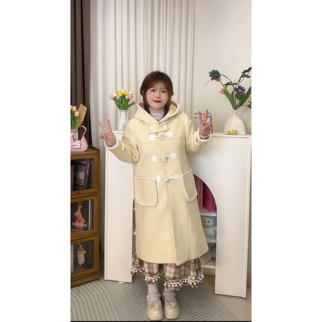 大码甜美大衣牛角扣呢子秋冬斗篷超好看中长款外套外套高级感大衣