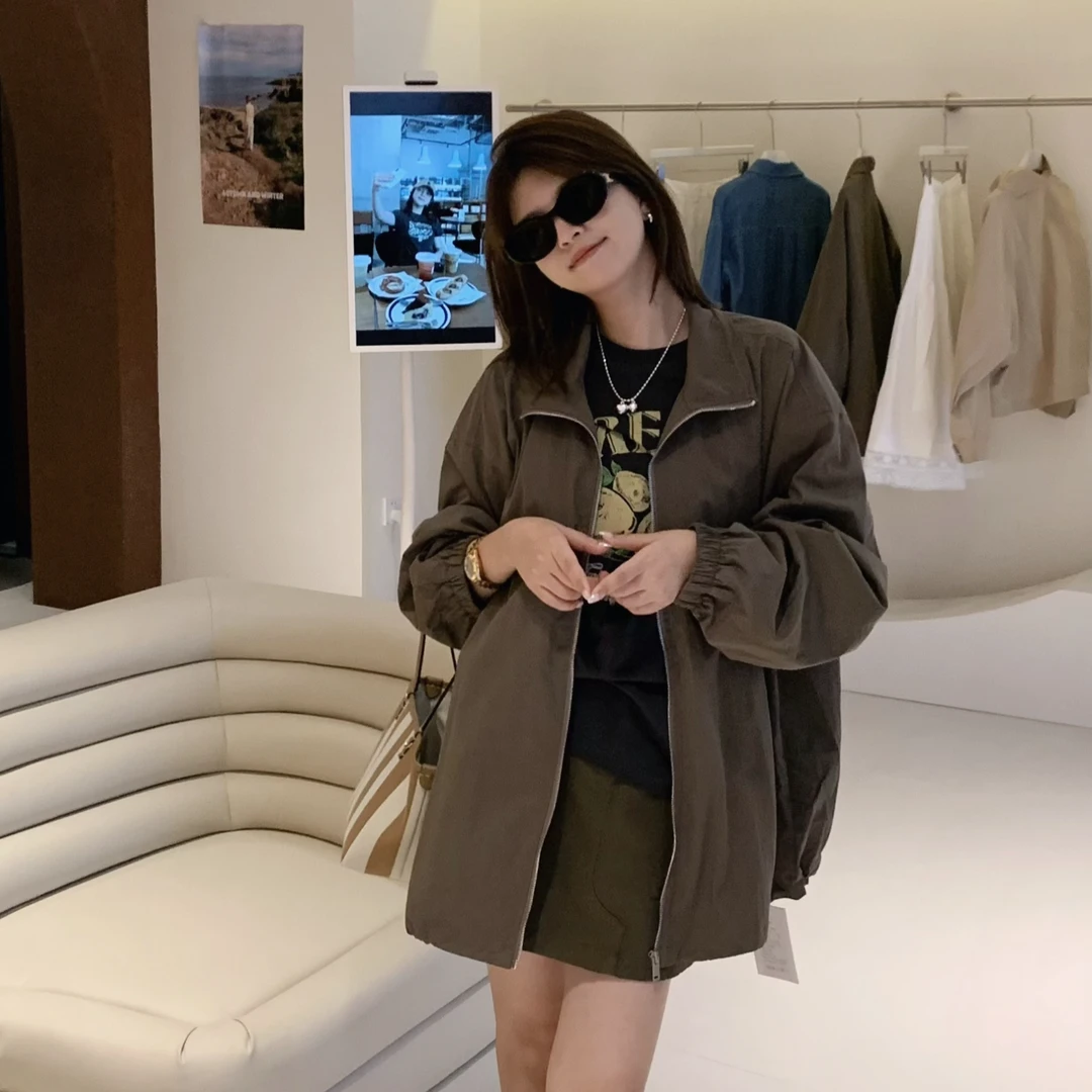 漫姐的店【榛果】韩国东大门百搭2024时尚纯色拉链宽松休闲夹克外套