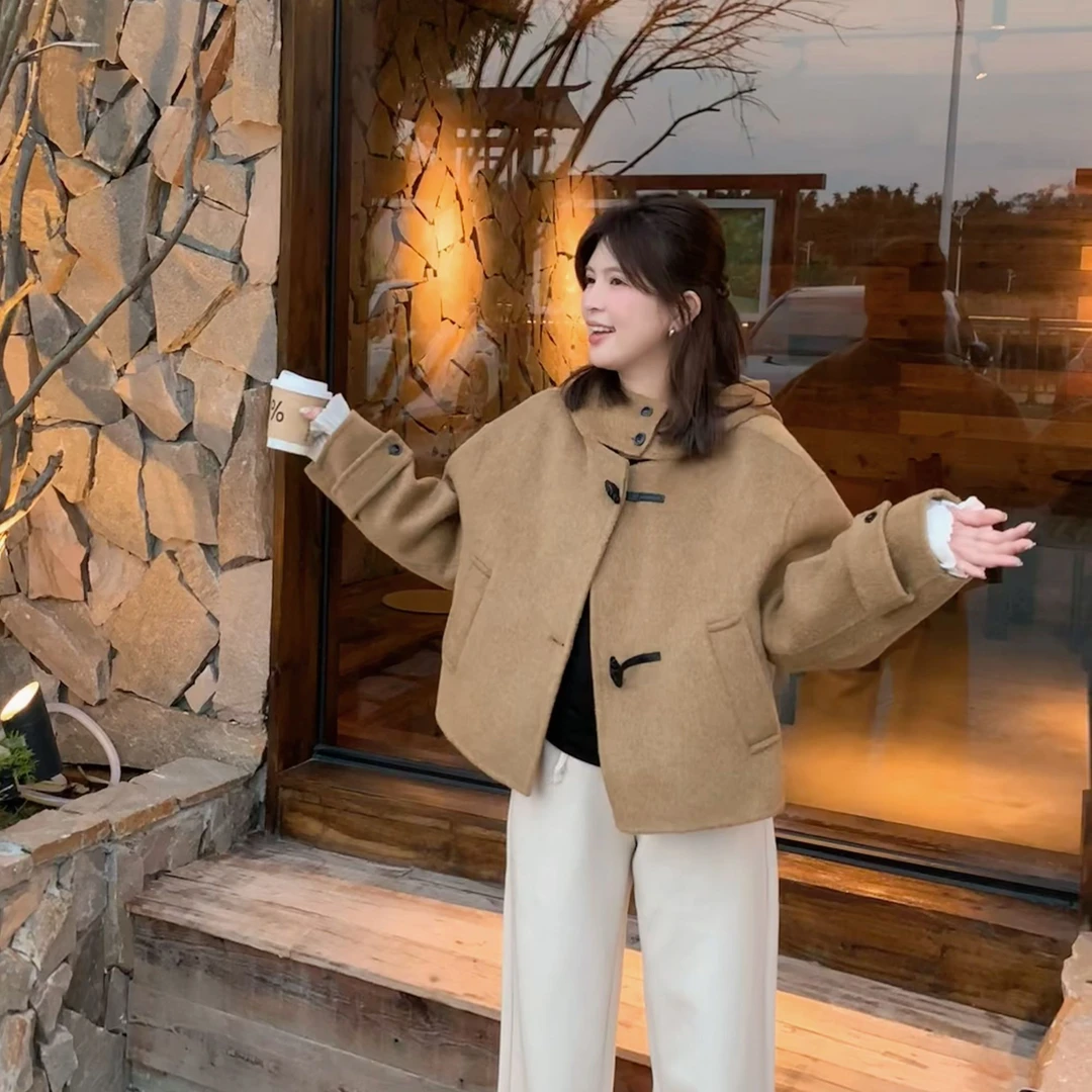 漫姐的店【牛角包大衣】秋冬高级百搭短款气质小个子连帽牛角扣大衣