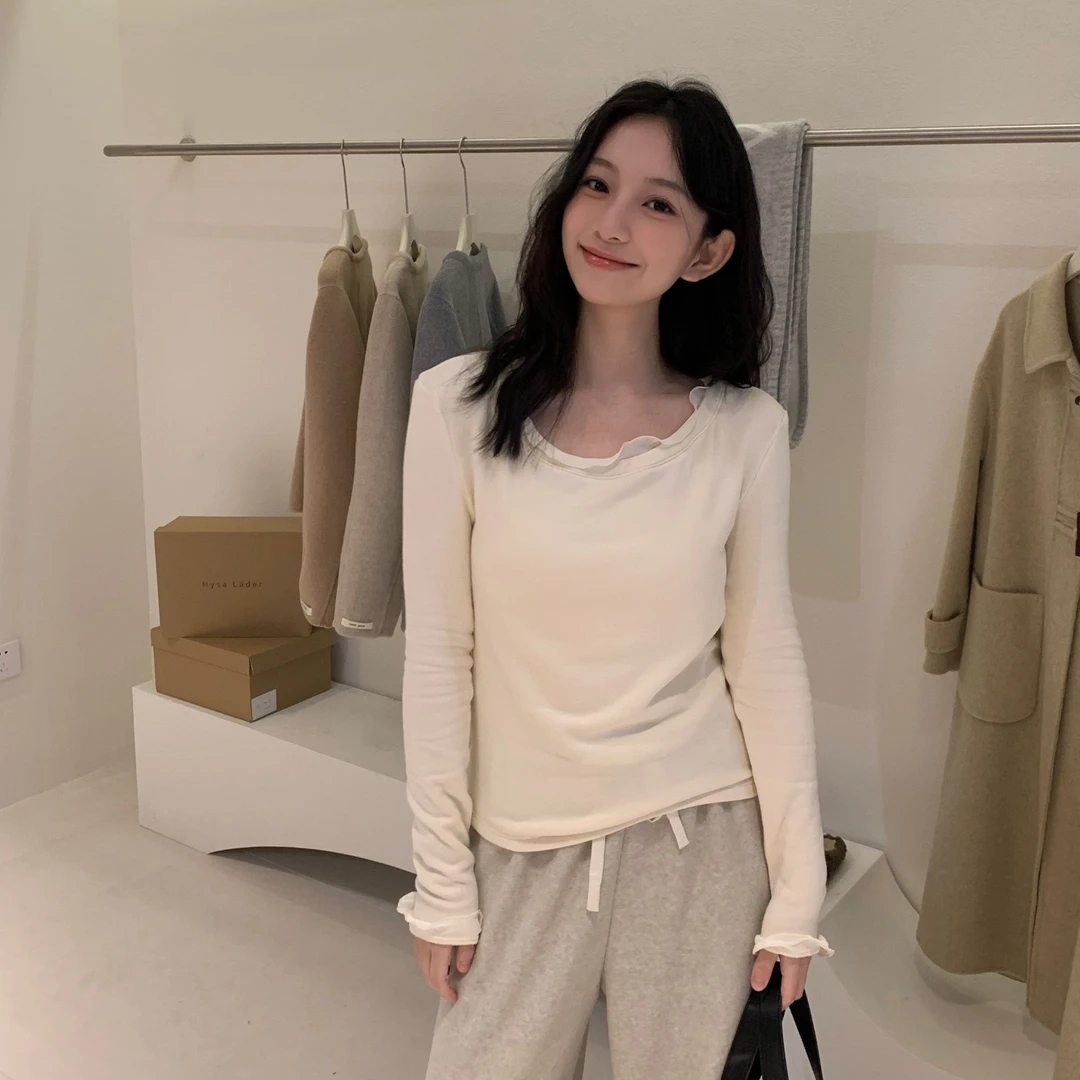 漫姐的店【奶糖T】韩国设计感纯欲木耳边拼接小衫甜美内搭T恤上衣女