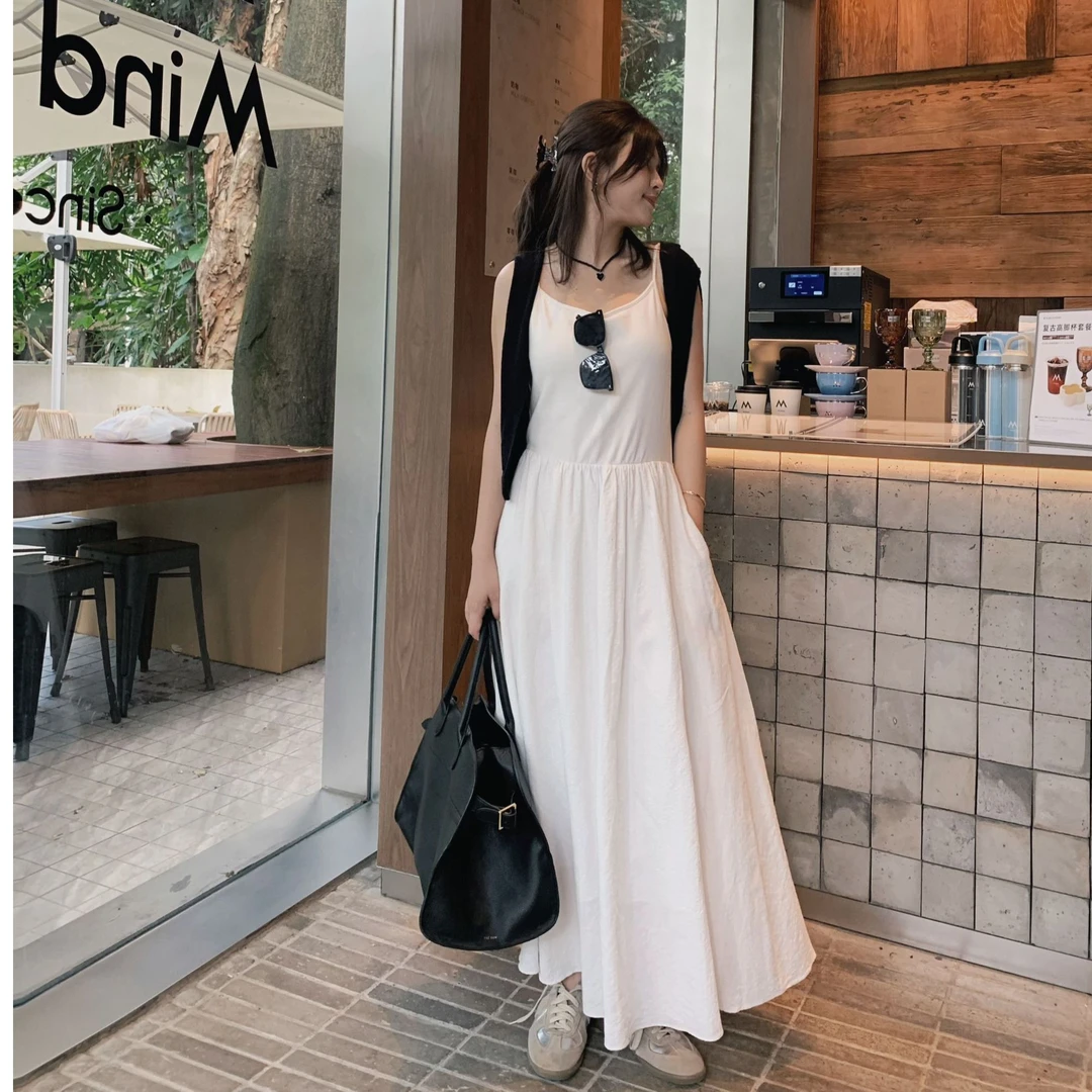 漫姐的店【白裙子】夏季新款韩版设计感气质拼接吊带连衣裙