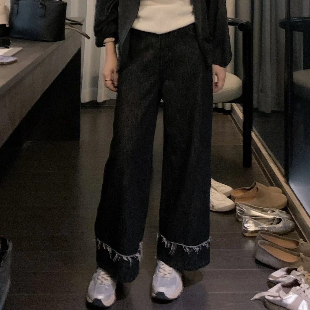 漫姐的店【建模裤】韩系气质显瘦水洗黑色牛仔裤女百搭毛边直筒裤