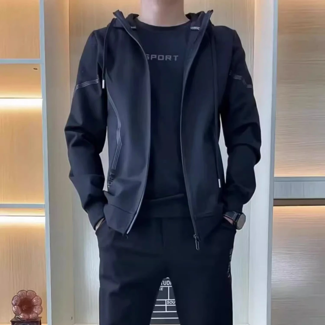 2025年网红男士秋冬新款连帽百搭个性运动休闲外套长袖长裤三件套