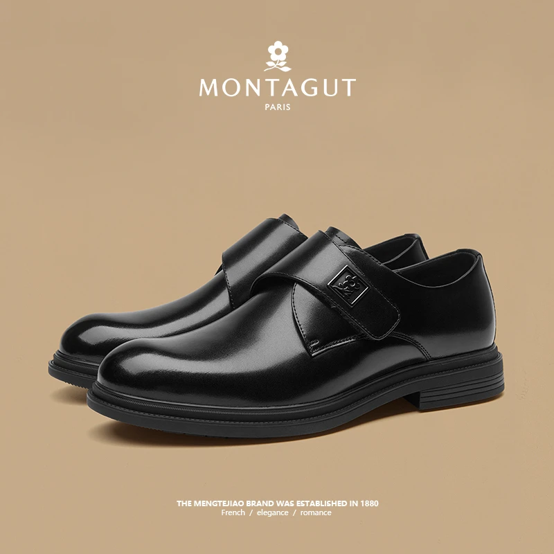 梦特娇男鞋秋季新款高端休闲皮鞋男士头层牛皮时尚百搭黑色孟克鞋