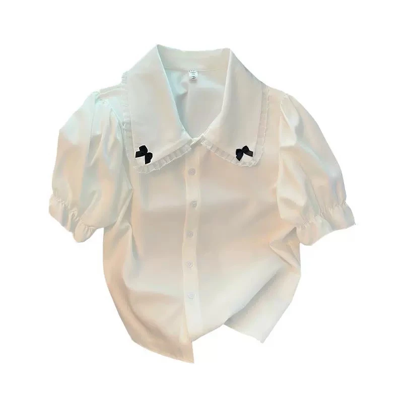 J字组001-100)衬衫上衣白色春季法式娃娃领泡泡袖甜美韩版