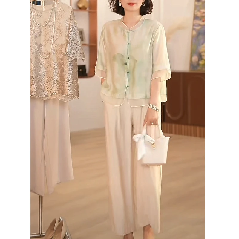【荷塘月色】妈妈装夏装薄款时尚复古国风两件套中老年女装洋气上衣