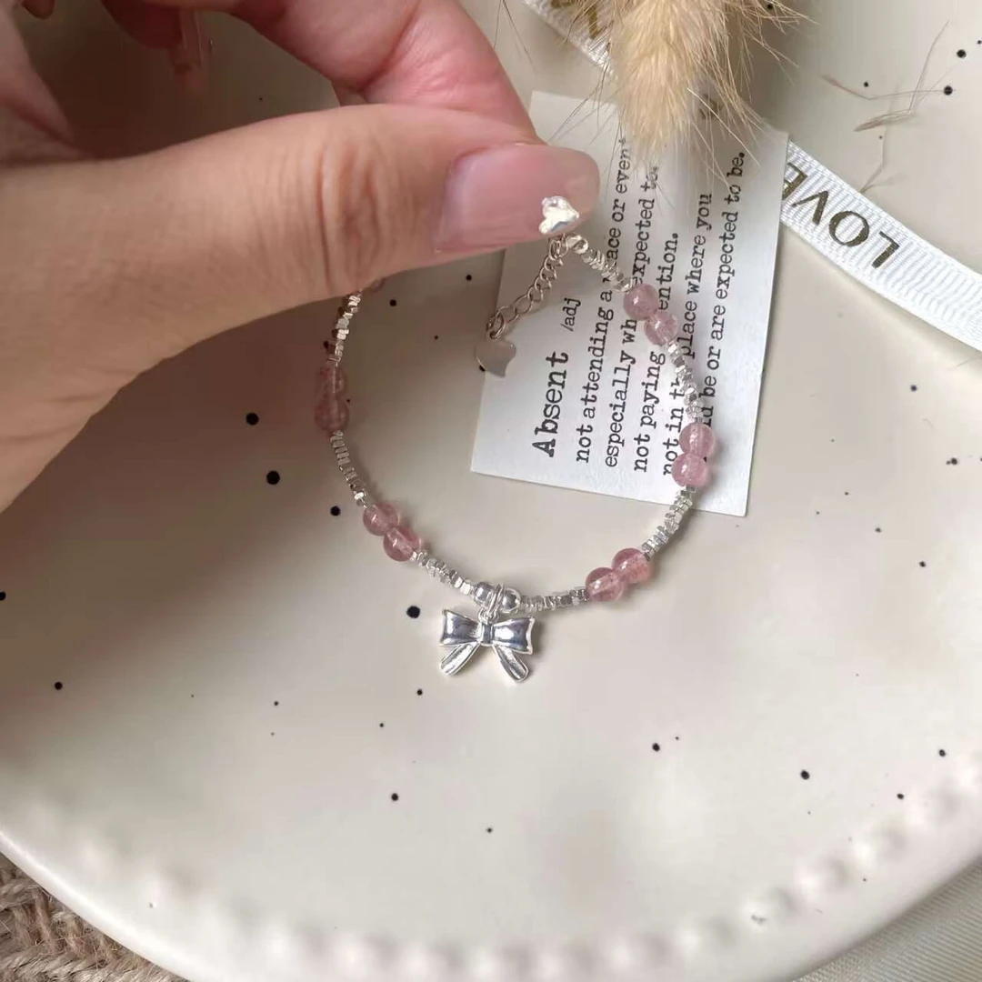 925银手链 粉色珠珠蝴蝶结手链碎银子百搭甜美时尚气质仙女生轻奢