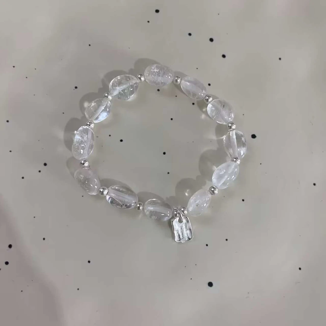 925银手链 白色不规则珠方牌手串值得被爱礼物女生精致显白弹力