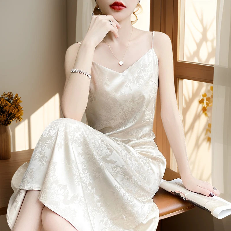 国风气质吊带连衣裙女醋酸缎面提花长裤过膝A字高级感桑蚕丝吊带