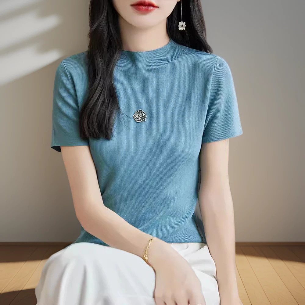 夏新款冰丝针织短袖女气质修身显瘦设计感山茶花百搭T恤上衣薄款