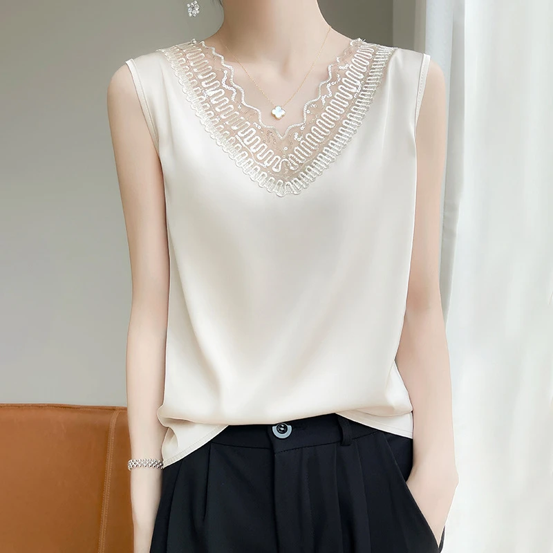 真桑丝缎面夏季女装新款v领无袖小背心T恤网纱拼接上衣宽松吊带
