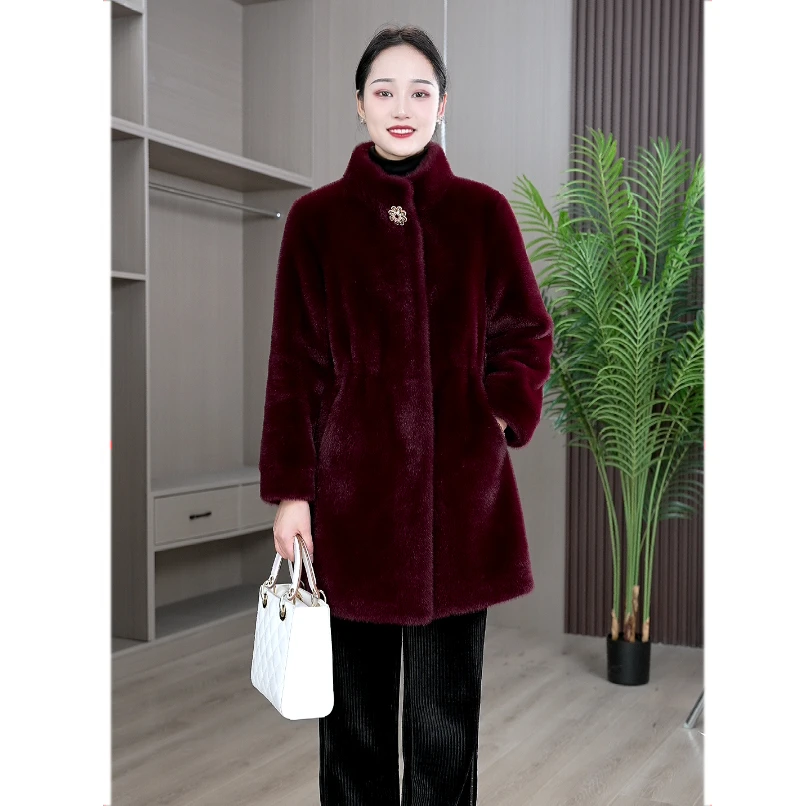 恩狐休闲洋气显气质女士外套冬季新款皮毛一体加厚保暖中老年大衣