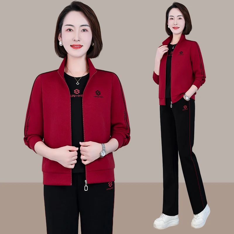 恩狐中老年女秋季休闲运动套装中年妈妈春秋时尚减龄显瘦三件套装