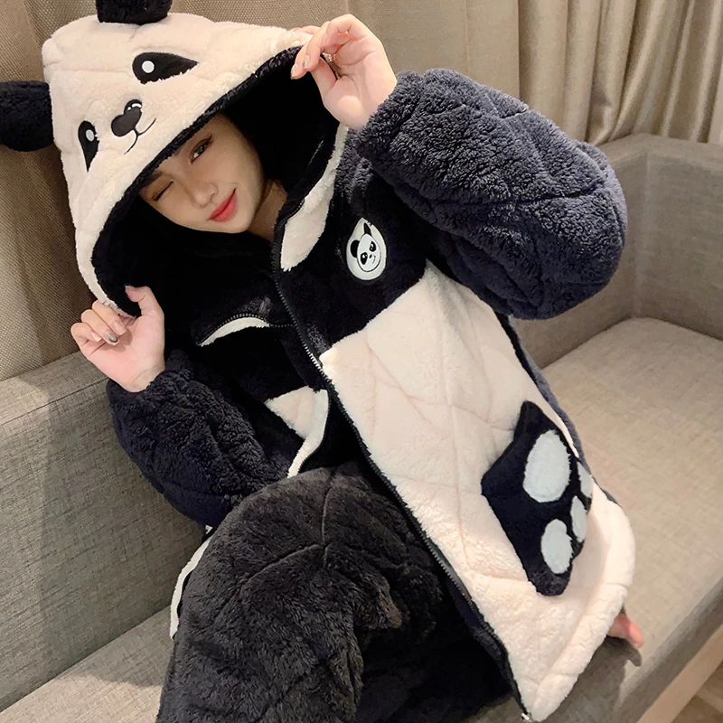 冬季三层夹棉加厚保暖法兰绒可外穿时尚甜美睡衣女家居服套装6620