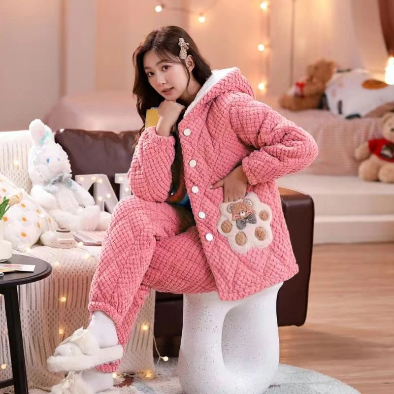 睡衣女冬季三层夹棉加厚连帽可外穿保暖家居服法兰绒新款套装6607