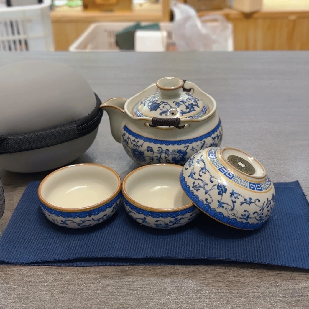 B87 旅行茶具套装繁花一壶三杯铜钱底