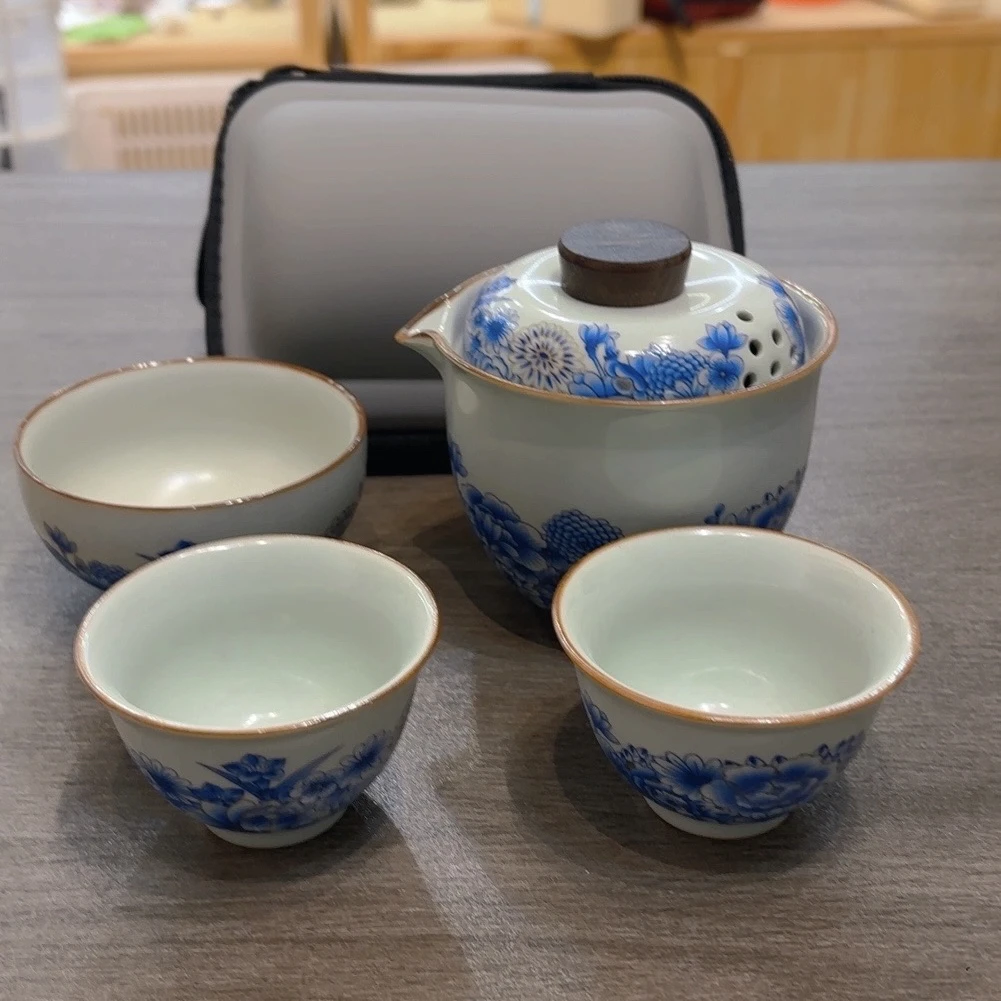 B83 蝶恋百花青花旅行茶具套装汝窑一壶三杯便携
