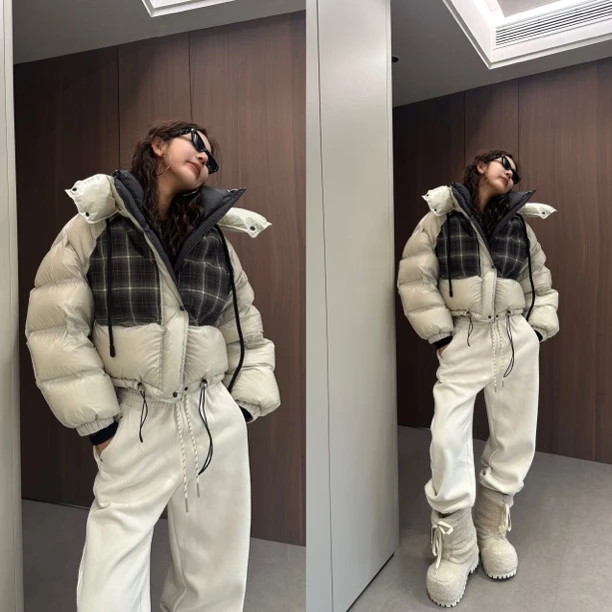 Aila｜拼接格子可拆卸连帽羽绒服