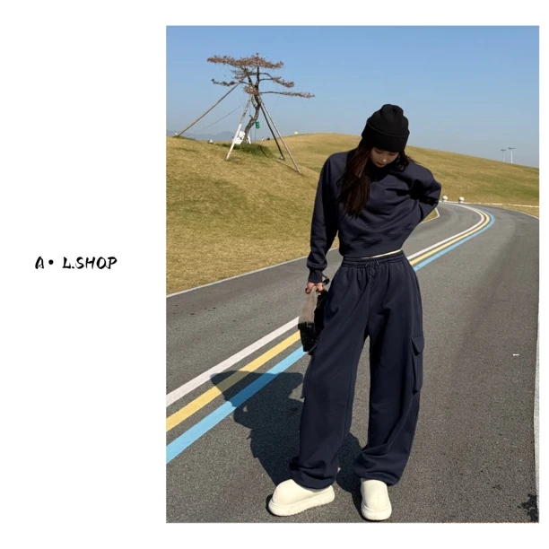 Aila｜冬季加厚保暖复古长袖高腰圆领卫衣休闲卫裤两件套2024新款