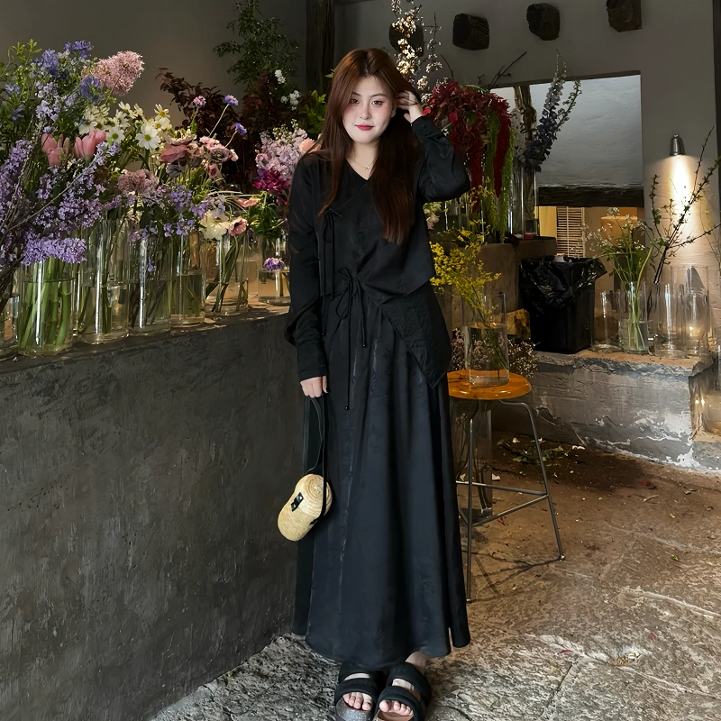 南岛风大码女装春秋新中式设计胖mm国风缎面上衣长裙两件套ZYY433