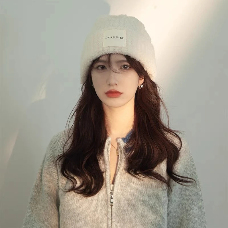 帽子女秋冬贴布毛线帽大头围粗针织线帽韩版百搭情侣保暖针织帽