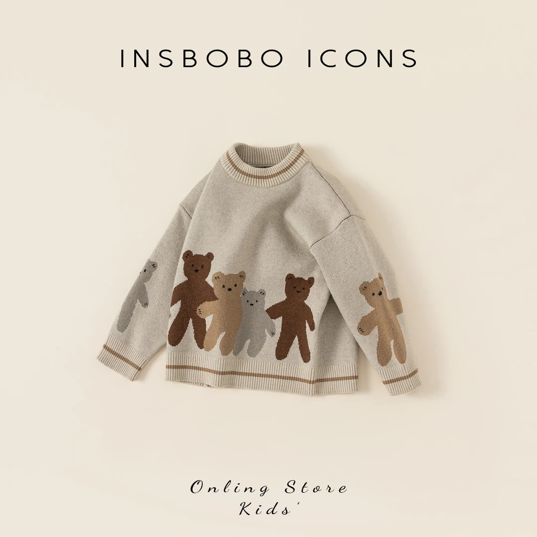 INSbobo女童冬季新品针织衫韩版男童圆领可爱小熊加绒毛衣DY23185
