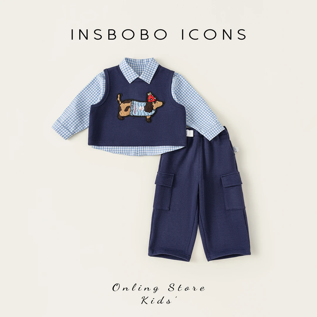 INSbobo儿童衣服秋季男孩格子衬衫马甲三件套男童秋装套装QT84081