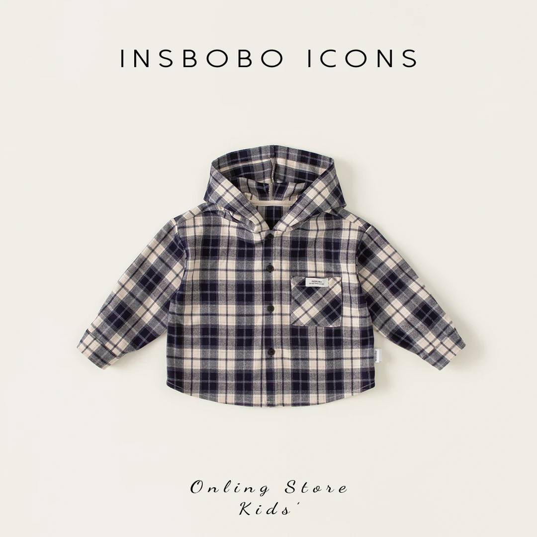 INSbobo儿童上衣贴标口袋连帽格子衬衫外套儿童衬衫长袖QY84113A
