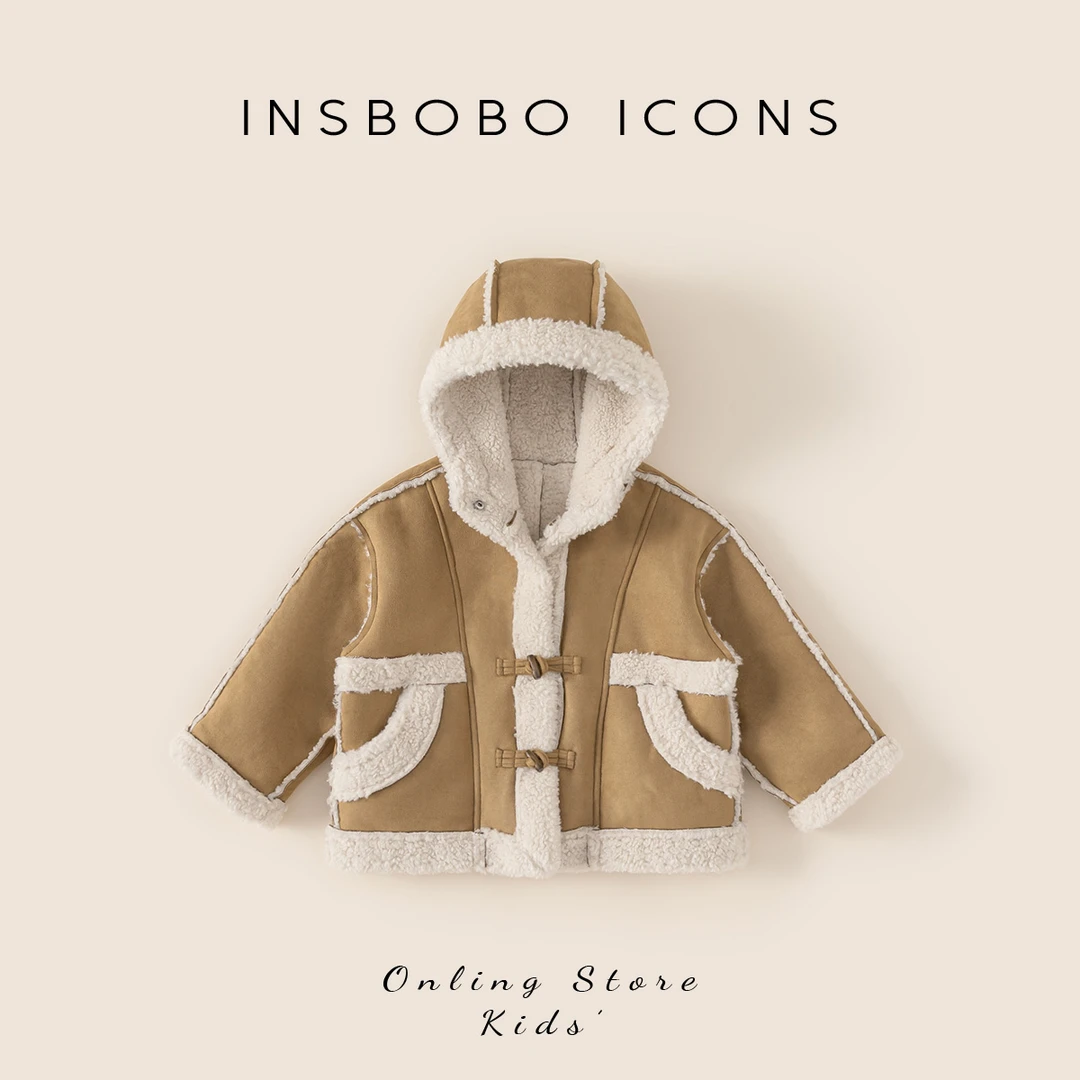 INSbobo儿童外套冬季加绒加厚上衣拼接皮毛一体连帽外套DY84072