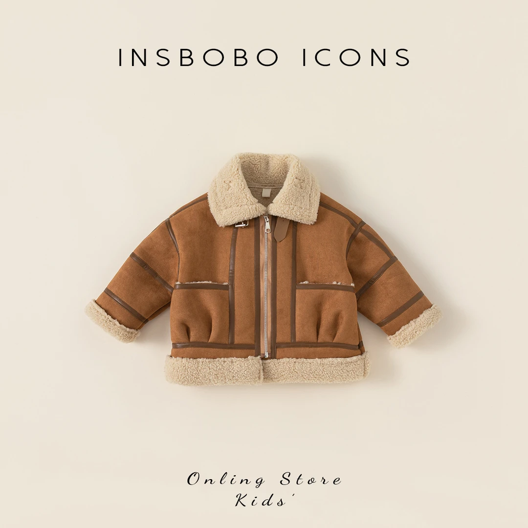 INSbobo女宝2023冬季新品外出服宝宝复古皮毛一体加厚外套DY34356