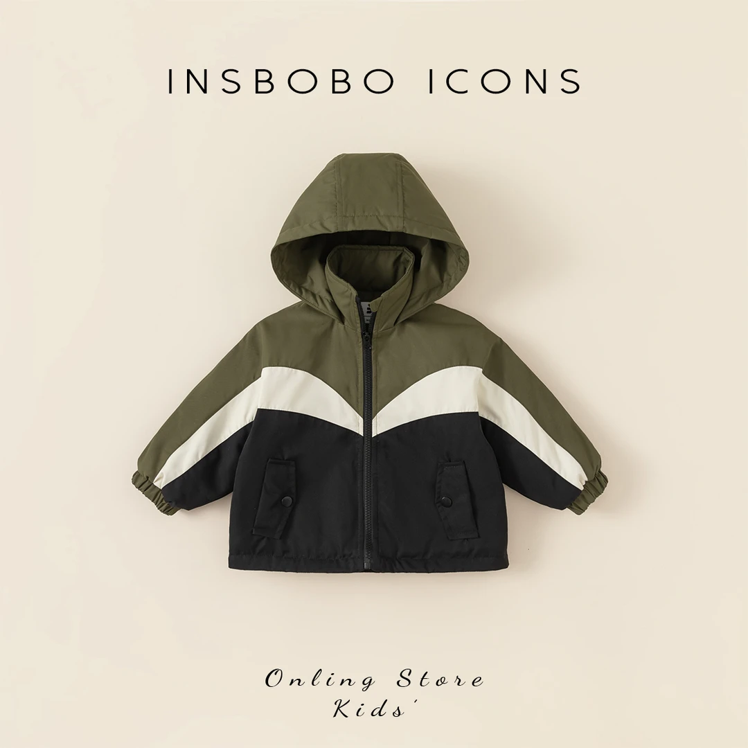 INSbobo韩版男童冬季新品外出服女宝宝拼色休闲连帽棉服DY83082