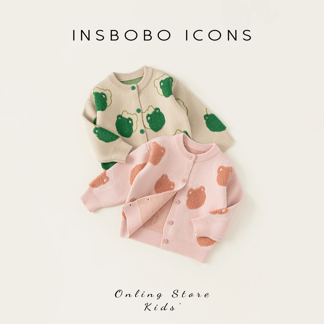 INSbobot女童秋冬小熊印花开衫上衣洋气可爱毛衣外套潮DY42017