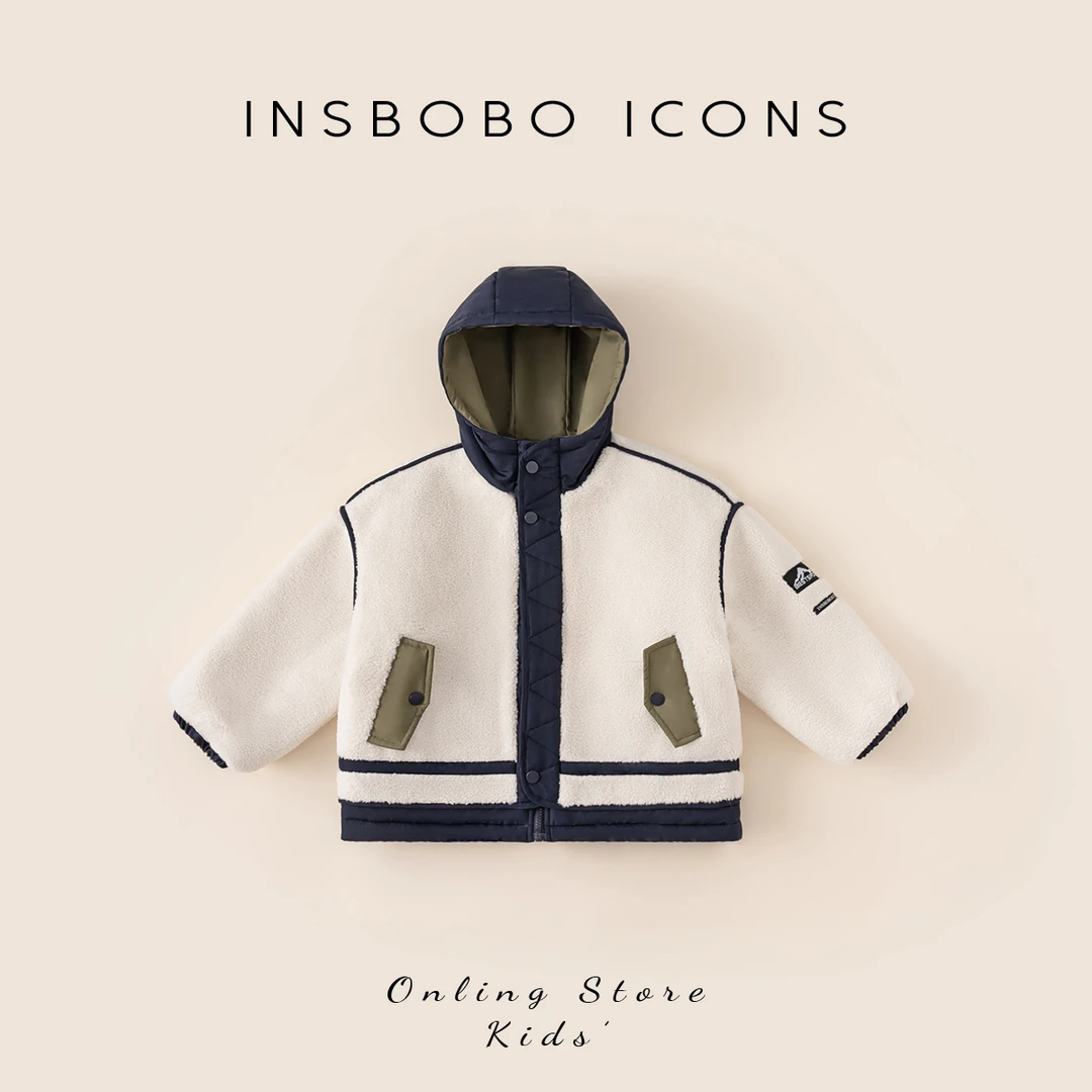 INSbobo儿童外套冬季保暖加绒加厚上衣贴标撞色连帽外套潮DY64008