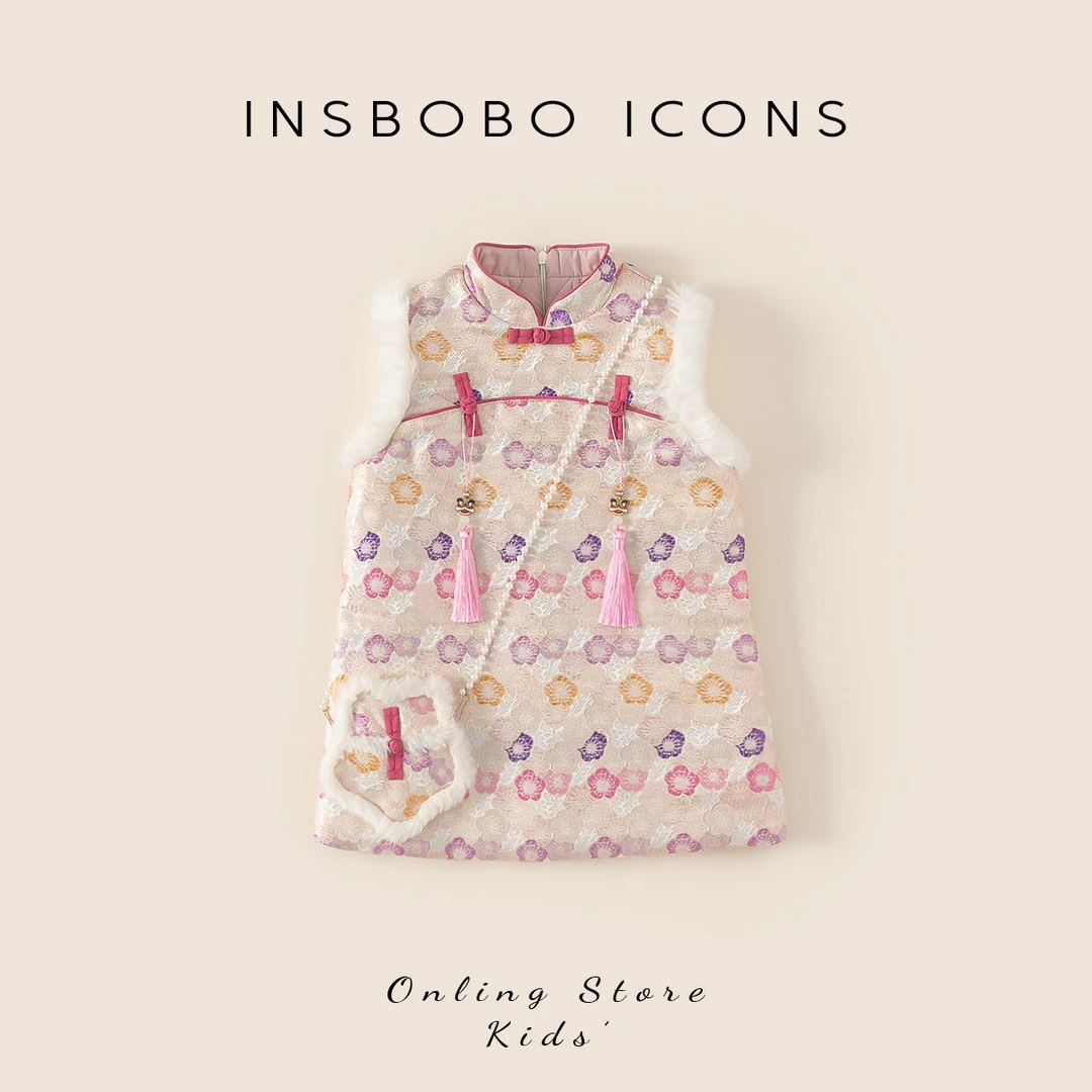 INSbobo女童旗袍冬季中式儿童裙子花朵绗棉国风旗袍棉服DQ24029A