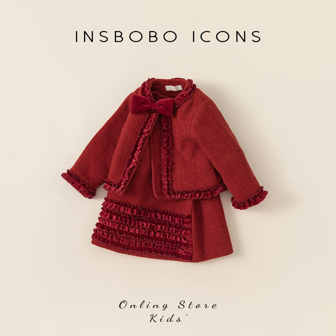 INSbobo儿童洋气套装冬季女童花边红色蝴蝶结两件套拜年服DT34457