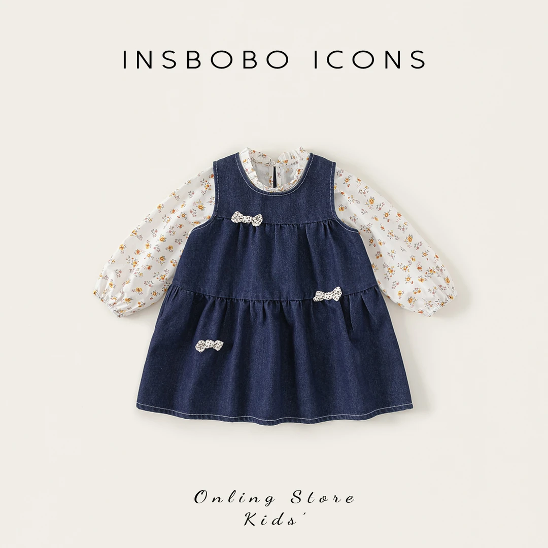 INSbobo新春季儿童时尚碎花连衣裙蝴蝶结牛仔裙女宝两件套CT25120