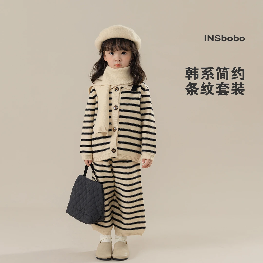 INSbobo女童春秋新品套装小童洋气翻领条纹针织套装送围巾QT23174