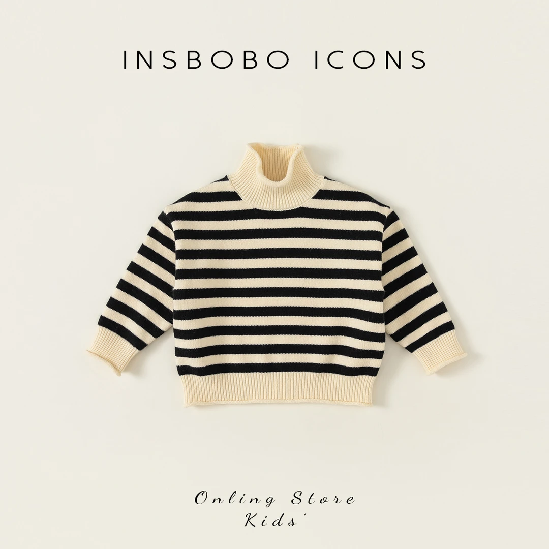 INSbobo女童秋冬新品针织衫小宝宝韩版气质条纹高领毛衣QY23149